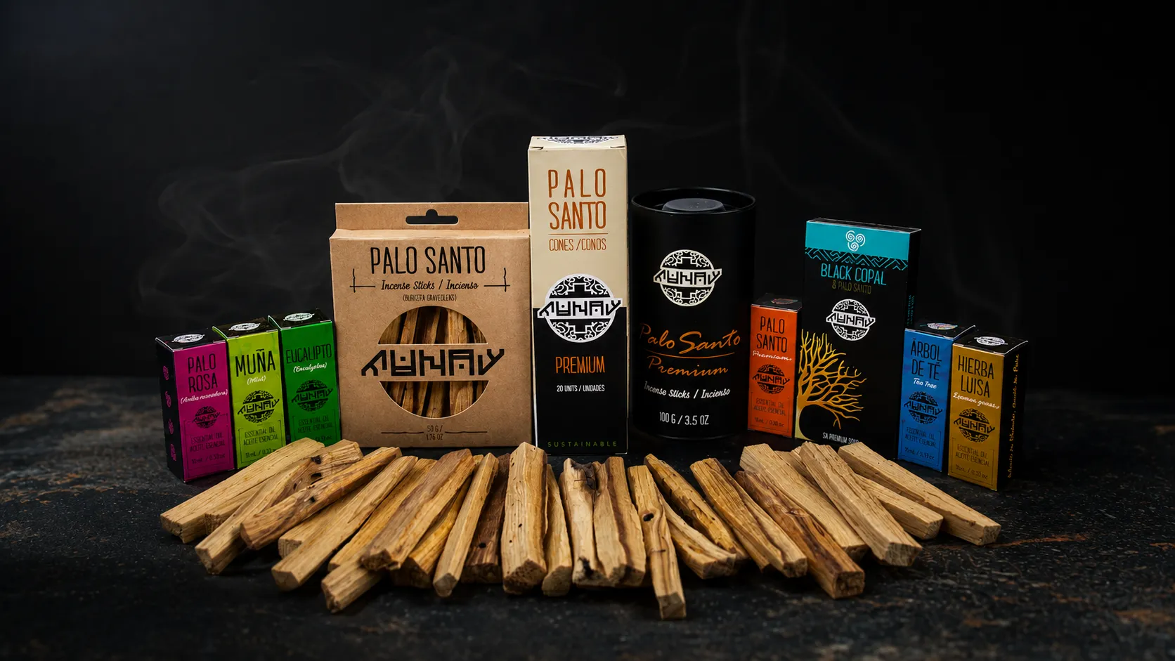 Munay premium Peruvian palo santo incense line — sticks, cones and essential oil