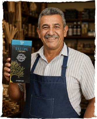 Peruvian artisan holding Munay palo santo incense boxes