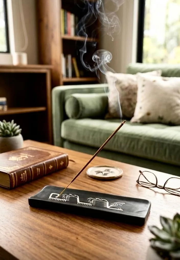 Porta incienso Serpiente con una varita encendida sobre la mesa de la sala